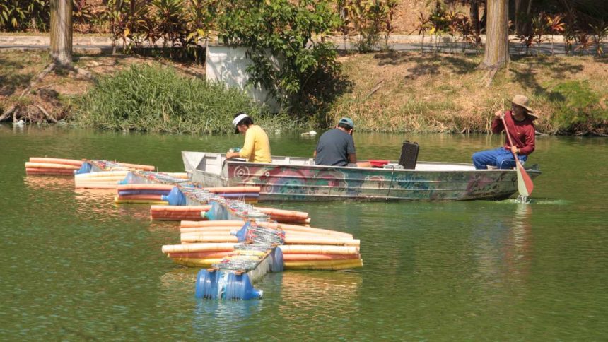 Barcos no lago: imagem de três pessoas em um barco, próximo a estruturas flutuantes e margem.