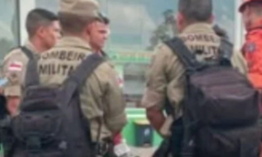 Bombeiros militares em área de mata, possivelmente em busca.