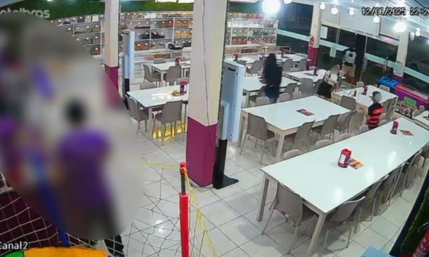 Câmeras de segurança registram assalto em estabelecimento.