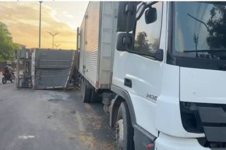 Carreta tomba na Avenida General Rodrigo Otávio, transportando ração para peixes