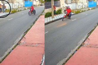 Criminosos em ação durante arrastões em Manaus, zona Centro-Sul, com motociclista.