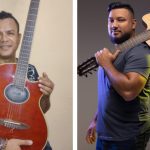 Dois homens sorrindo com guitarras, Armando Soares e Alib Said, em fotos promocionais para shows.