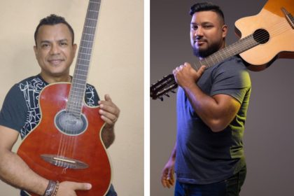 Dois homens sorrindo com guitarras, Armando Soares e Alib Said, em fotos promocionais para shows.