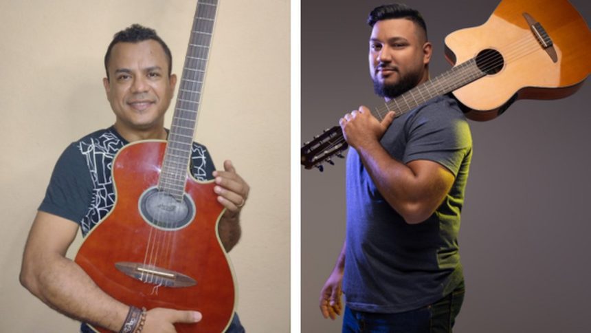 Dois homens sorrindo com guitarras, Armando Soares e Alib Said, em fotos promocionais para shows.