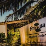 Fachada da Embrapa Amazônia Ocidental em Manaus, Brasil, com placa e vegetação tropical.