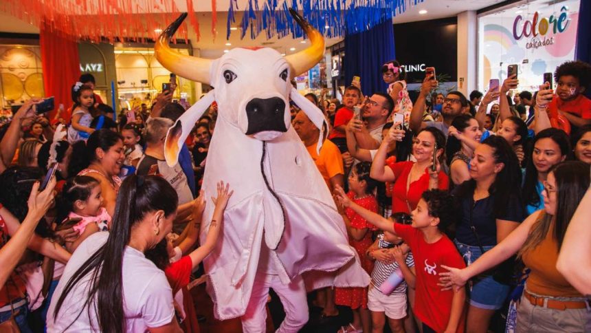 Festa com boi-bumbá em shopping, crianças e adultos interagindo.