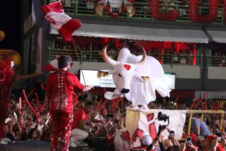 Garantido em evento em Manaus: Boi-bumbá e multidão em festa.