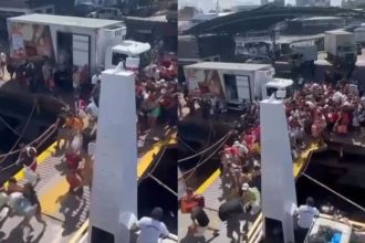 Grande fluxo de pessoas desembarcando de navio no Porto de Manaus, com caminhões ao fundo.