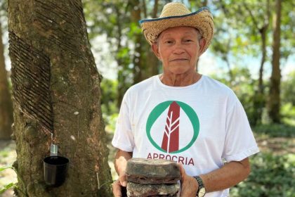 Homem sorrindo segurando borracha de árvore, ao lado de tronco de árvore com cortes para extração de látex.
