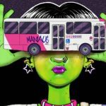 Ilustração de pessoa verde segurando um ônibus de Manaus