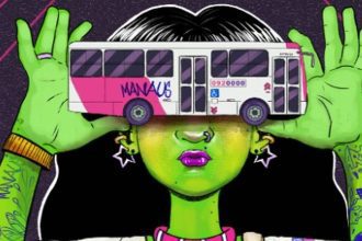 Ilustração de pessoa verde segurando um ônibus de Manaus