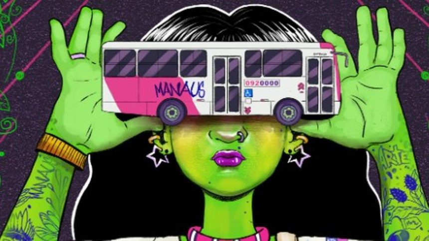 Ilustração de pessoa verde segurando um ônibus de Manaus