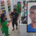 Imagem de câmera de segurança mostra suspeito de assalto em drogaria, com foto do suspeito.