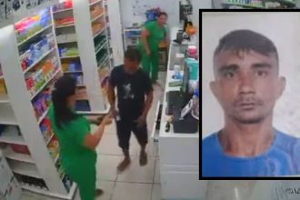 Imagem de câmera de segurança mostra suspeito de assalto em drogaria, com foto do suspeito.