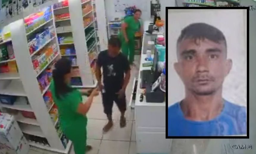 Imagem de câmera de segurança mostra suspeito de assalto em drogaria, com foto do suspeito.