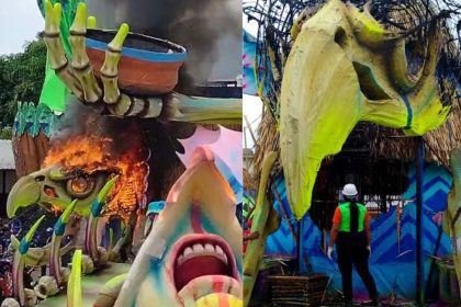 Incêndio em módulo alegórico do Boi Caprichoso no Festival Folclórico de Parintins.