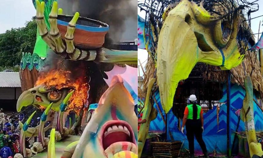 Incêndio em módulo alegórico do Boi Caprichoso no Festival Folclórico de Parintins.