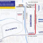 Mapa do evento Pentecostes 2025 no Sambódromo de Manaus, com interdições e estacionamentos.