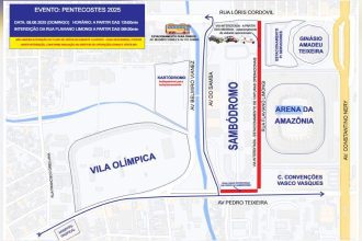 Mapa do evento Pentecostes 2025 no Sambódromo de Manaus, com interdições e estacionamentos.
