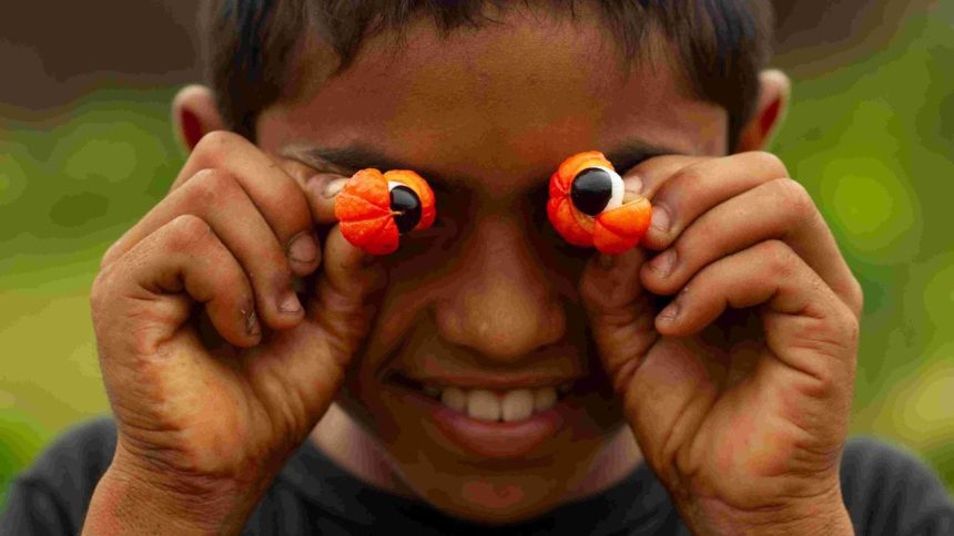 Menino com guaraná nos olhos, sorrindo para a câmera, representando a Rota do Guaraná.