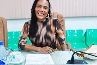 Mulher sorrindo em uma reunião, usando blusa estampada e brincos dourados.