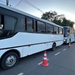 Ônibus brancos estacionados em fila em uma rua, com cones de sinalização e céu ao fundo.