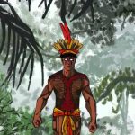 Personagem indígena amazônico em meio à floresta, em arte conceitual do game 'A Lenda de Maruaga'.