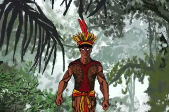 Personagem indígena amazônico em meio à floresta, em arte conceitual do game 'A Lenda de Maruaga'.