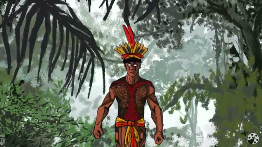 Personagem indígena amazônico em meio à floresta, em arte conceitual do game 'A Lenda de Maruaga'.