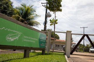 Sede do Instituto Mamirauá em Tefé Placa verde com o logotipo do Instituto de Desenvolvimento Sustentável Mamirauá em frente a um portão.