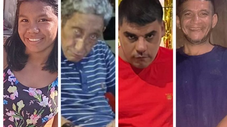 Quatro pessoas desaparecidas em Manaus, Brasil. Fotos de rostos em sequência.