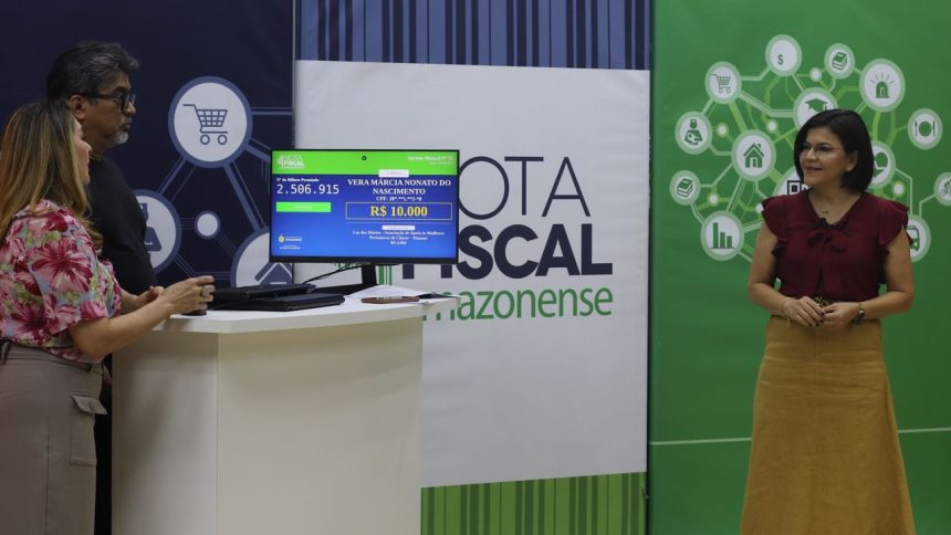 Sorteio Nota Fiscal Amazonense com prêmio de R$10.000,00 em destaque na tela.