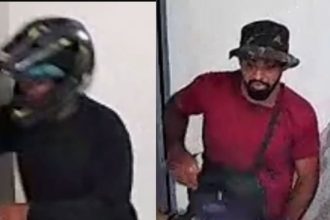 Suspeitos de roubo em residência no Amazonas. Um com capacete, outro com chapéu e barba.