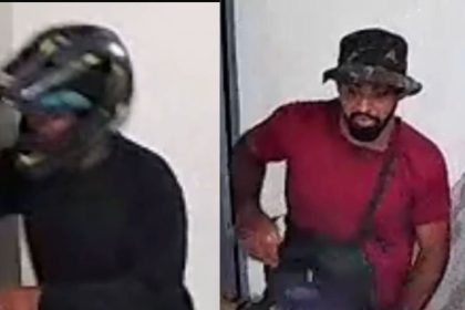 Suspeitos de roubo em residência no Amazonas. Um com capacete, outro com chapéu e barba.