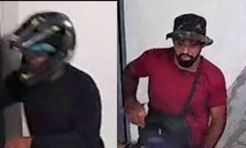 Suspeitos de roubo em residência no Amazonas. Um com capacete, outro com chapéu e barba.