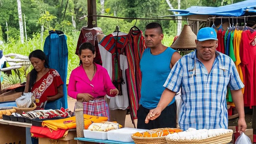 Vendedores em feira de Manaus oferecem produtos.