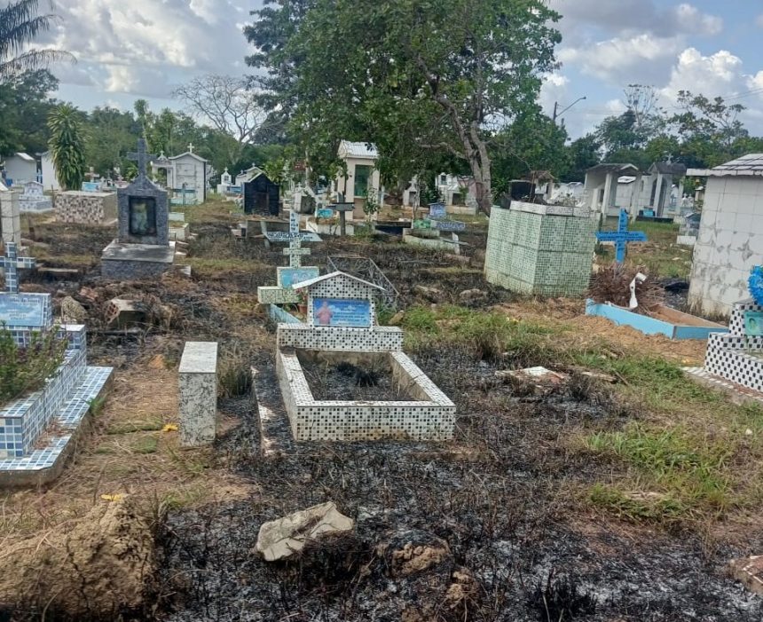 Imagem colorida mostra túmulos após incêndio em cemitério de Manaus