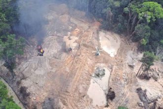 Ação de combate ao garimpo ilegal em área de floresta, com helicóptero e fogo.