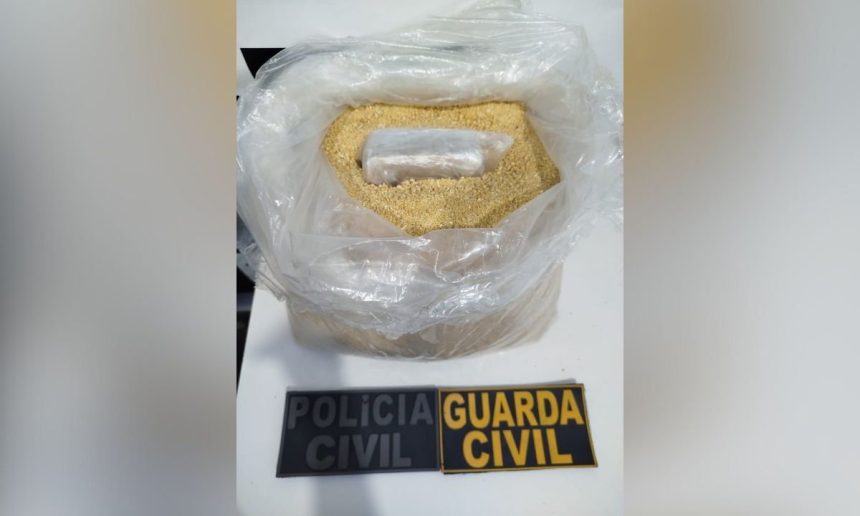 Apreensão de drogas: saco plástico com substância suspeita e identificação da Polícia Civil e Guarda Civil.