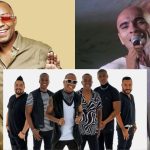 Artistas de pagode sorrindo para a câmera, em um evento musical