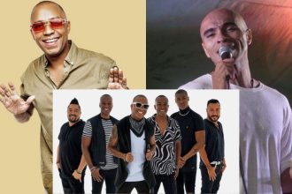 Artistas de pagode sorrindo para a câmera, em um evento musical