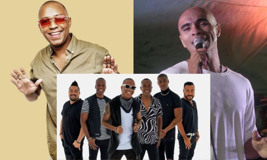 Artistas de pagode sorrindo para a câmera, em um evento musical