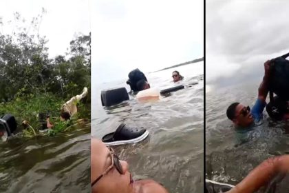 Canoa naufraga com família. Pessoas na água e objetos flutuando.