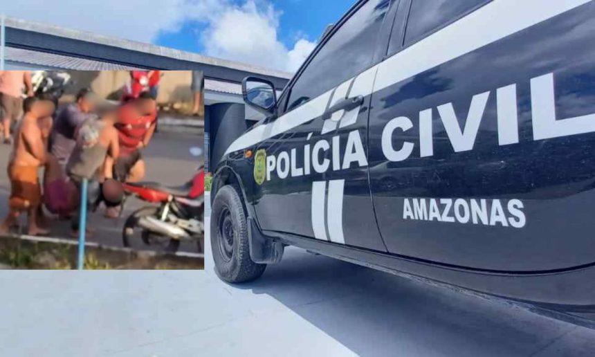 Carro da Polícia Civil do Amazonas com cena de crime ao fundo.