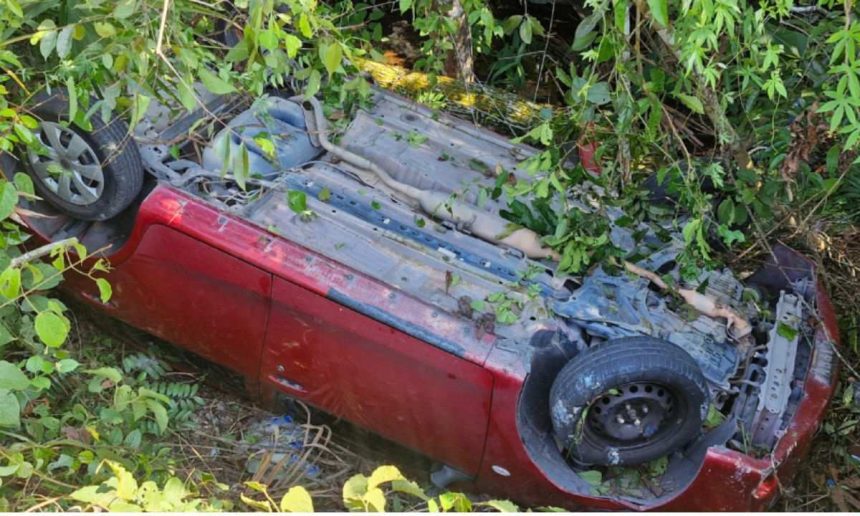 Carro vermelho capotado em meio à vegetação após acidente.