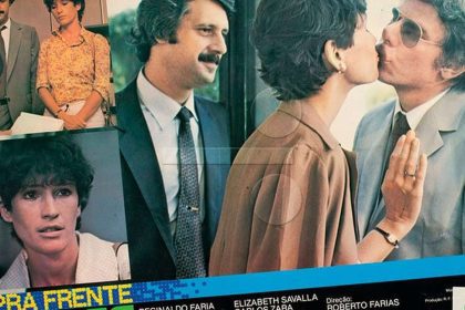 Cartaz do filme 'Pra Frente', com elenco e informações sobre direção e produção.