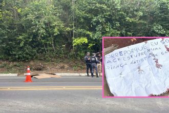 Cena de crime: Polícia e bilhete com sangue em local de óbito em Manaus.