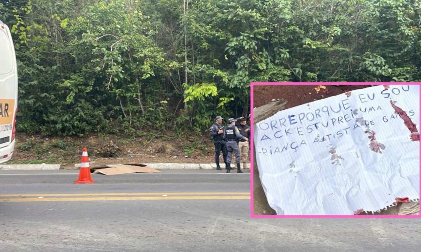 Cena de crime: Polícia e bilhete com sangue em local de óbito em Manaus.