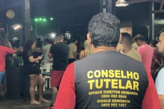 Conselheiro Tutelar em ação em ambiente noturno, lugares conhecidos como adegas, com pessoas ao fundo. Discagem para direitos humanos e denúncia.