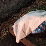 Corpo de bebê coberto por tecido branco na rua, próximo a vegetação e asfalto.